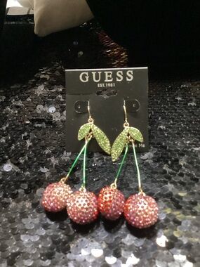 GUESS Gold-Tone Green Leaf and Pink Crystal Cherry Drop Earrings